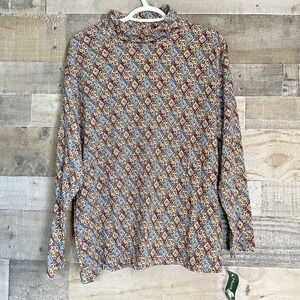 Vintage 90s Hunt Club Turtleneck T-Shirt‎ Size L Petite Brown Diamond Floral NWT